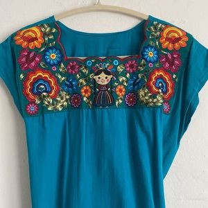 Embroidered hand made Mexican Frieda dress with drawstring back